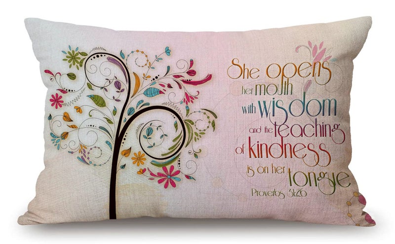 Solekla Inspirational Christian Bible Verse Proberbs Quotes Farmhouse Oblong Rectangle Decorative Throw Pillow Case,12x20 inch, She Opens Her Mouth with Wisdom and The Teaching of Kindness is on Her Tongue - Image 1
