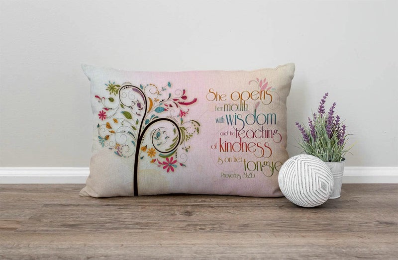 Solekla Inspirational Christian Bible Verse Proberbs Quotes Farmhouse Oblong Rectangle Decorative Throw Pillow Case,12x20 inch, She Opens Her Mouth with Wisdom and The Teaching of Kindness is on Her Tongue - Image 4