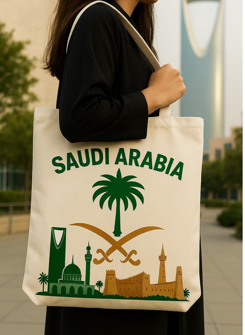 أتش أف أيه حقيبة تسوق قطنية بتصميم المملكة العربية السعودية، شعار النخلة والسيف، تراث معماري، حقيبة تسوق أنيقة - Image 1