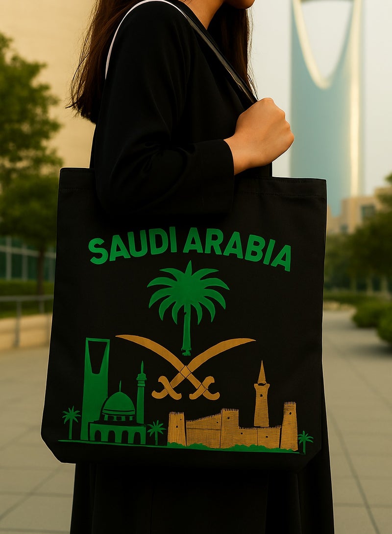 أتش أف أيه حقيبة تسوق قطنية بتصميم المملكة العربية السعودية، شعار النخلة والسيف، تراث معماري، حقيبة تسوق أنيقة - Image 2