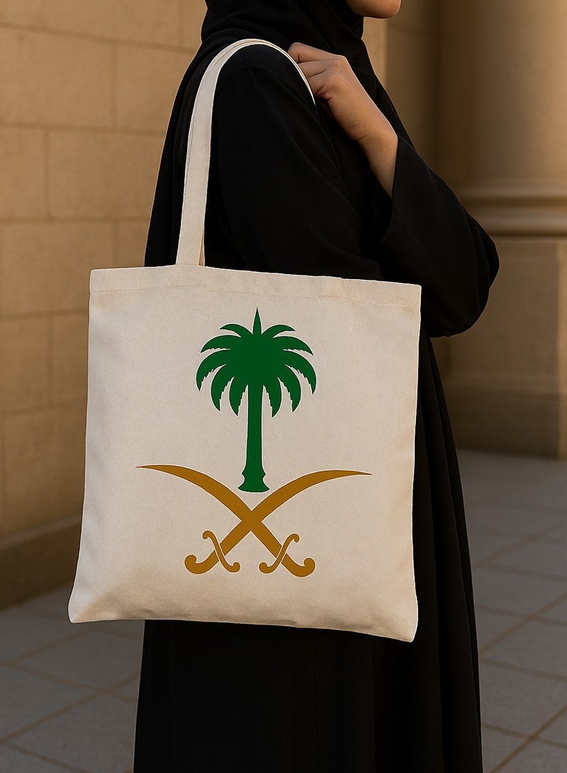 أتش أف أيه حقيبة تسوق قطنية بتصميم المملكة العربية السعودية، شعار النخلة والسيف، تراث معماري، حقيبة تسوق أنيقة - Image 3
