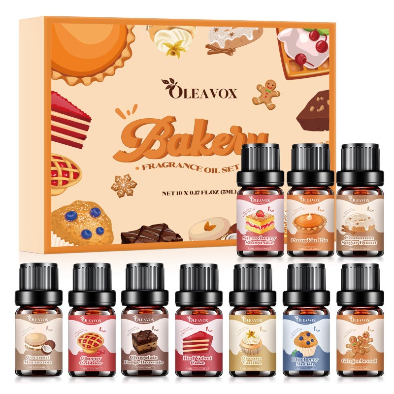OleaVox مجموعة زيوت عطرية للمخبوزات، زيت عطر مميز للناشرات، روائح لصنع الشموع والصابون، فطيرة اليقطين، كريمة الفانيليا، خبز الزنجبيل، دونات سكر القرفة والكعك وأكثر 10x5مل، زيوت العلاج بالروائح - Image 1