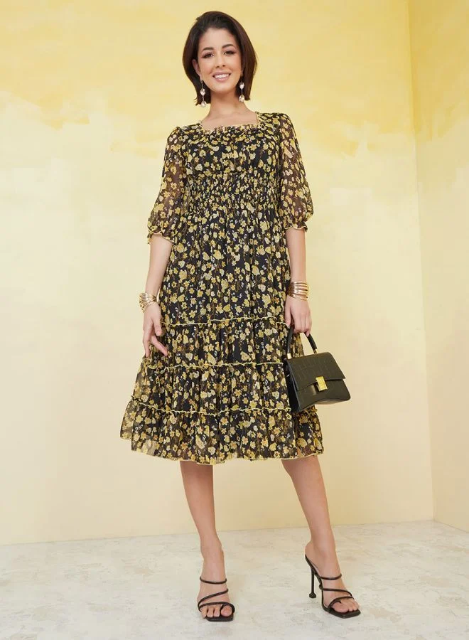 Styli Floral Chiffon A-Line Midi Dress