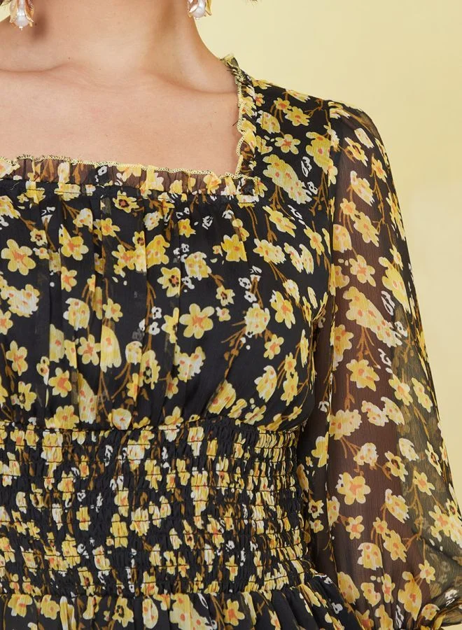 Styli Floral Chiffon A-Line Midi Dress