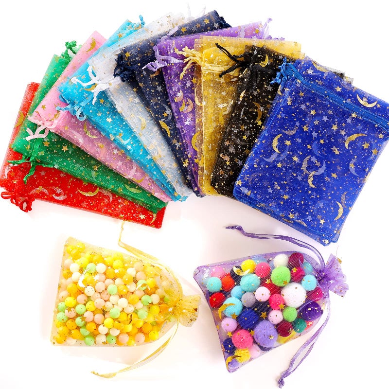 ENNIYU 100 Pieces Moon Star Organza Bags 4x6 Mixed Color Christmas Wedding Favors Gift Drawstring Bags Jewelry Pouches Candy Mesh Pouches