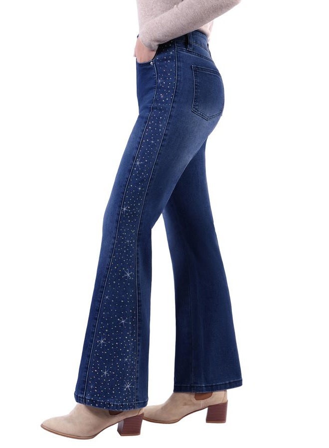 GRAPENT Flare Jeans for Women High Waisted Trendy Wide Leg Embellished Rhinestone Sparkly Concert Stretchy Denim Pants, Darkness Blue, L - Image 1
