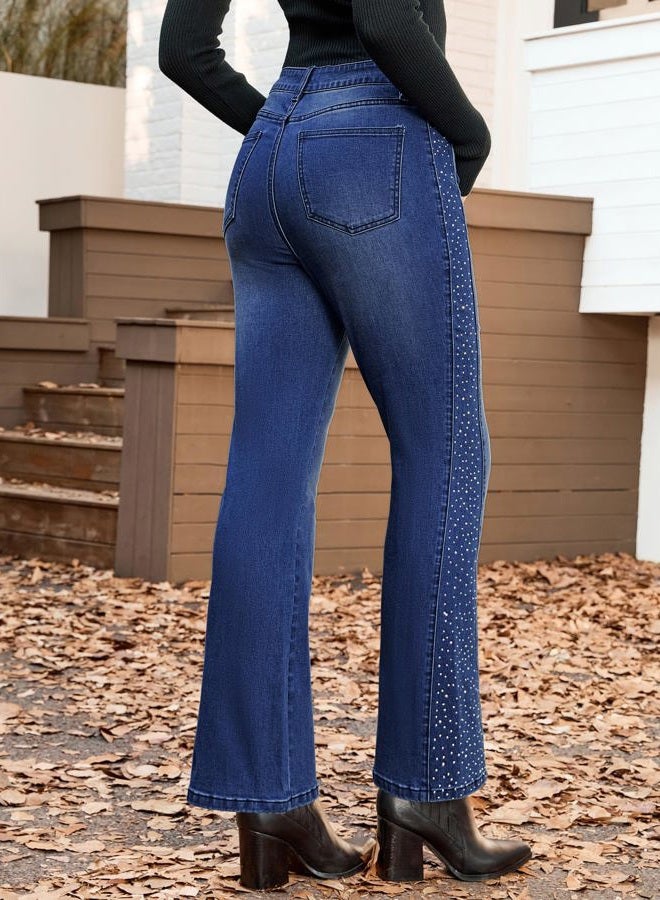 GRAPENT Flare Jeans for Women High Waisted Trendy Wide Leg Embellished Rhinestone Sparkly Concert Stretchy Denim Pants, Darkness Blue, L - Image 3