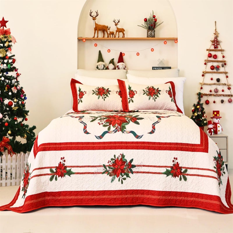 Cmfshape Christmas Bedspread King SizeRed Lightweight Quilt Set 3PcsChristmas Floral Pattern BeddingReversible Coverlet for All SeasonHome Decoration for New YearRedKing106 x96