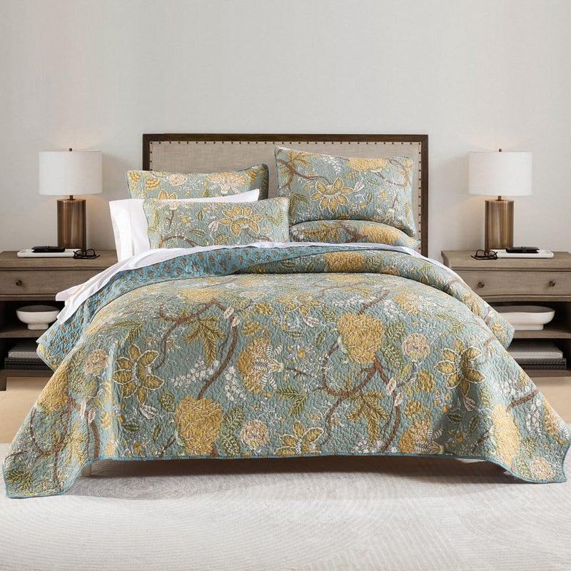 ENASAL Cotton Bedspread Quilt Sets Reversible Bedding Coverlet Sets Comforter Vintage Floral Farmhouse Pastoral Turquoise Bedspread Queen Size