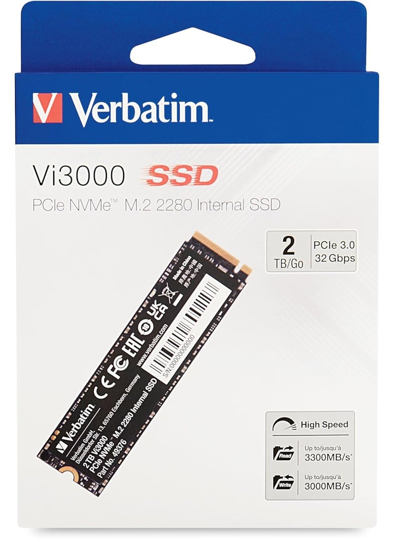 VERBATIM قرص صلب داخلي Verbatim Vi3000 NVMe M.2، قرص SSD داخلي بسعة تخزين 2TB، قرص صلب بحجم PCIe Gen 3، أسود - Image 1