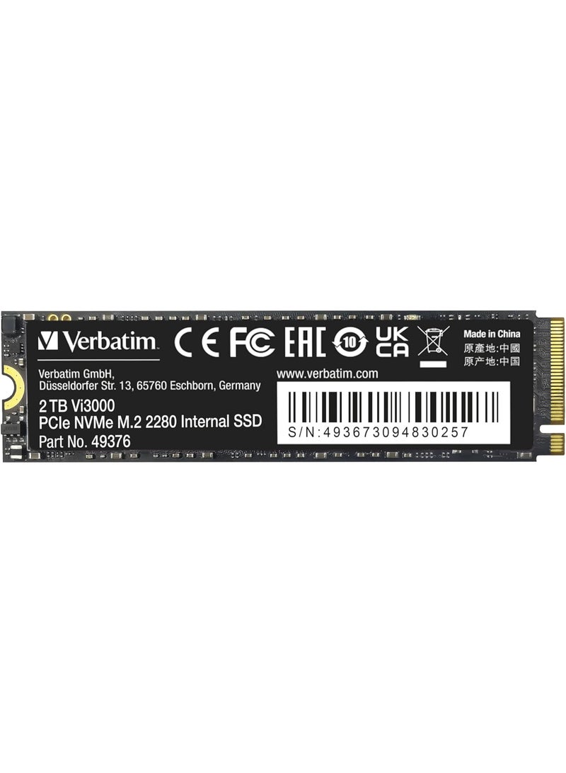 VERBATIM قرص صلب داخلي Verbatim Vi3000 NVMe M.2، قرص SSD داخلي بسعة تخزين 2TB، قرص صلب بحجم PCIe Gen 3، أسود - Image 2