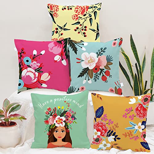 BRICK HOME Set of 5 Polycotton Printed Cushion Covers 16x16 Inches | Floral & Motivational Design | Multicolor Decorative Pillow Covers | Soft Fabric Cushion Covers for Sofa, Couch & Living Room - Image 1