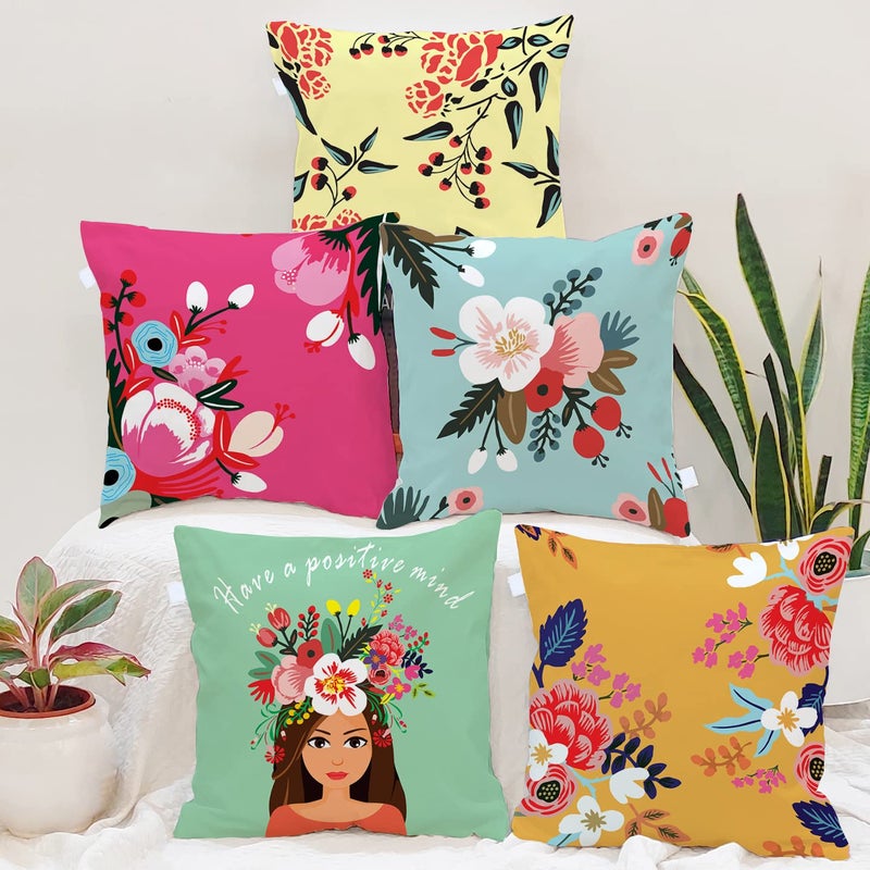 BRICK HOME Set of 5 Polycotton Printed Cushion Covers 16x16 Inches | Floral & Motivational Design | Multicolor Decorative Pillow Covers | Soft Fabric Cushion Covers for Sofa, Couch & Living Room - Image 5