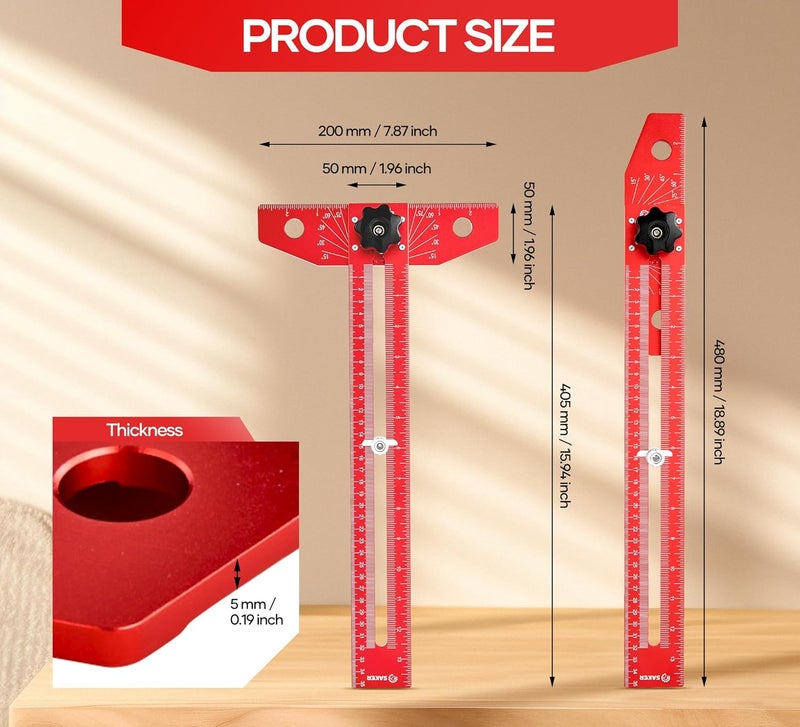 Saker Woodworking Scriber Marking Line Ruler, Adjustable Aluminum Alloy Sliding T-Square Ruler - Image 2