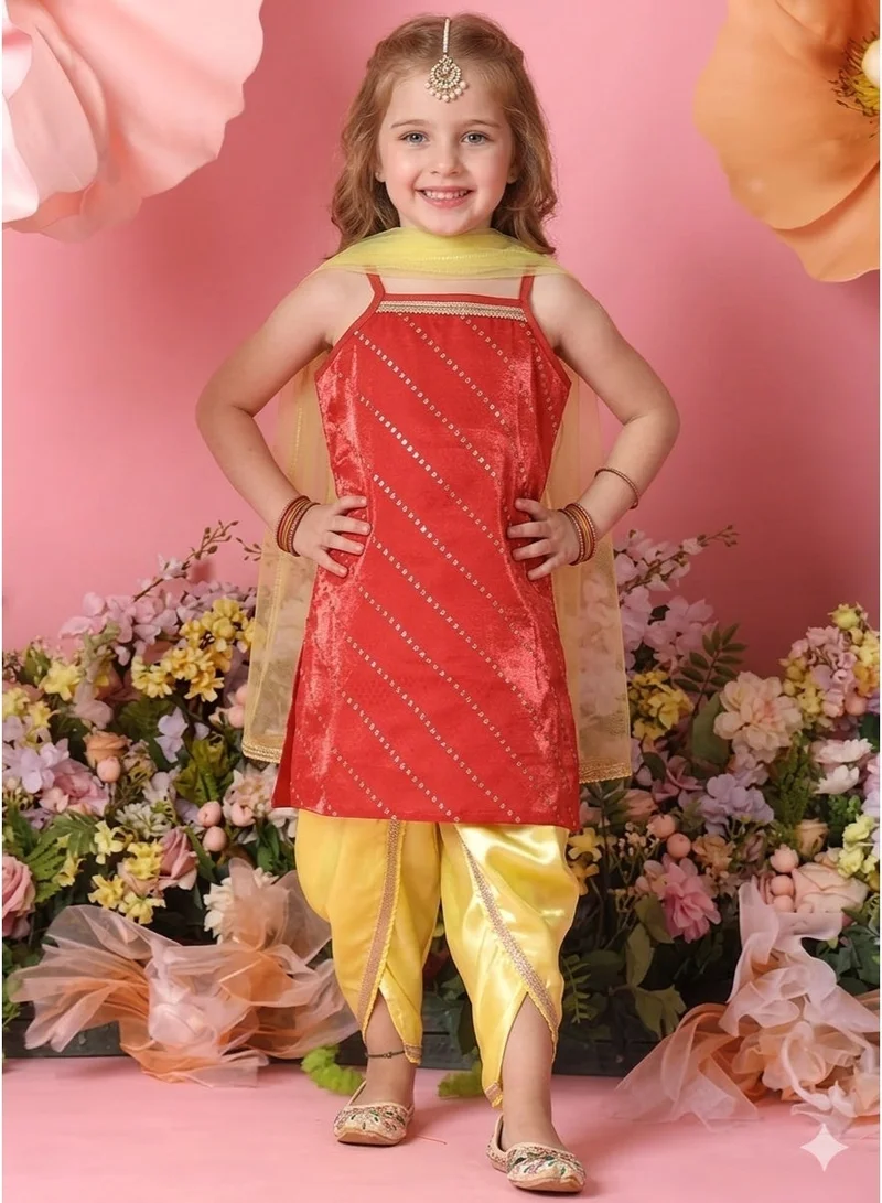 Saka Designs Girls Red Kurta With Dhoti Pants & Dupatta