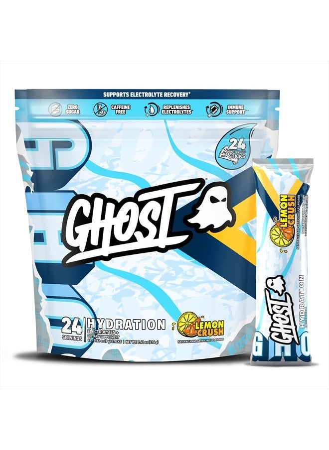 Ghost Hydration Packets, Lemon Crush, 24 Sticks, Electrolyte Powder - Drink Mix Supplement with Magnesium, Potassium, Calcium, Vitamin C - Vegan Friendly, Free of Soy, Sugar & Gluten  - Image 1