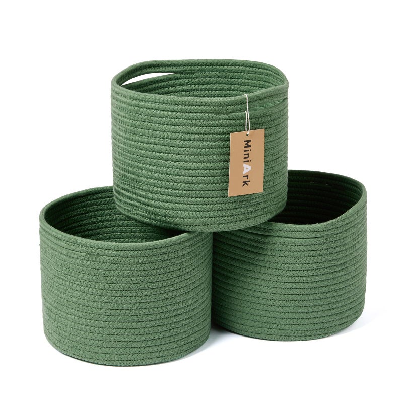 MiniArk Small Basket for Organizing | Cube Shelf Closet Storage Baskets | 9.7Ã—9.7Ã—7.1â€ | Woven Rope Gift Basket | Nursery | Round 3 Packs Green - Image 1