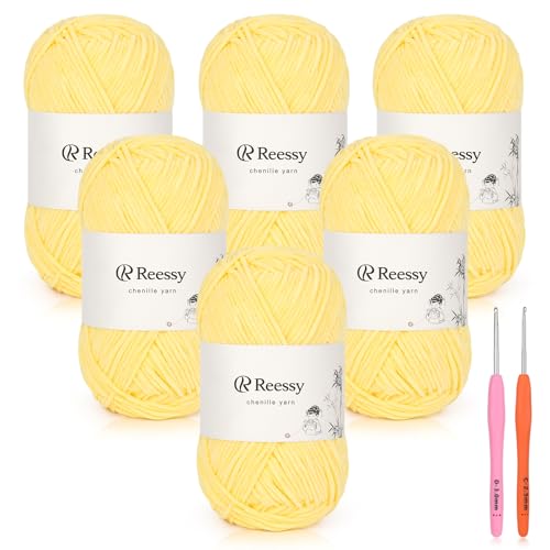Reessy Skinny Chenille Yarn for Crocheting - 6 Pack of 50g/158yd (948yd Total) - Soft Matte Thin Chenille CYC #2 - Fine Weight Baby Yarn for Plush Toys, Baby Blankets & Small Crafts(Sun Yellow) - Image 1