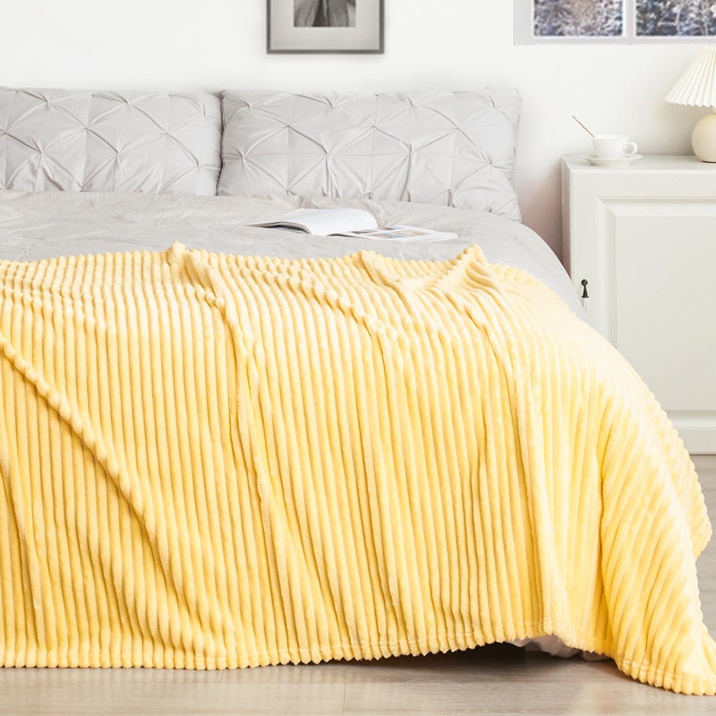 Vessia Flannel Fleece Throw Blanket  300GSM Cozy Light Yellow Striped Throw Blanket for Couch  Sofa and Bed  Warm and Soft Cozy Pale Yellow Microfiber Ribbed Blanket for All Season - Image 1