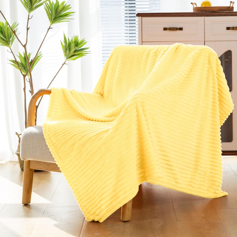 Vessia Flannel Fleece Throw Blanket  300GSM Cozy Light Yellow Striped Throw Blanket for Couch  Sofa and Bed  Warm and Soft Cozy Pale Yellow Microfiber Ribbed Blanket for All Season - Image 5