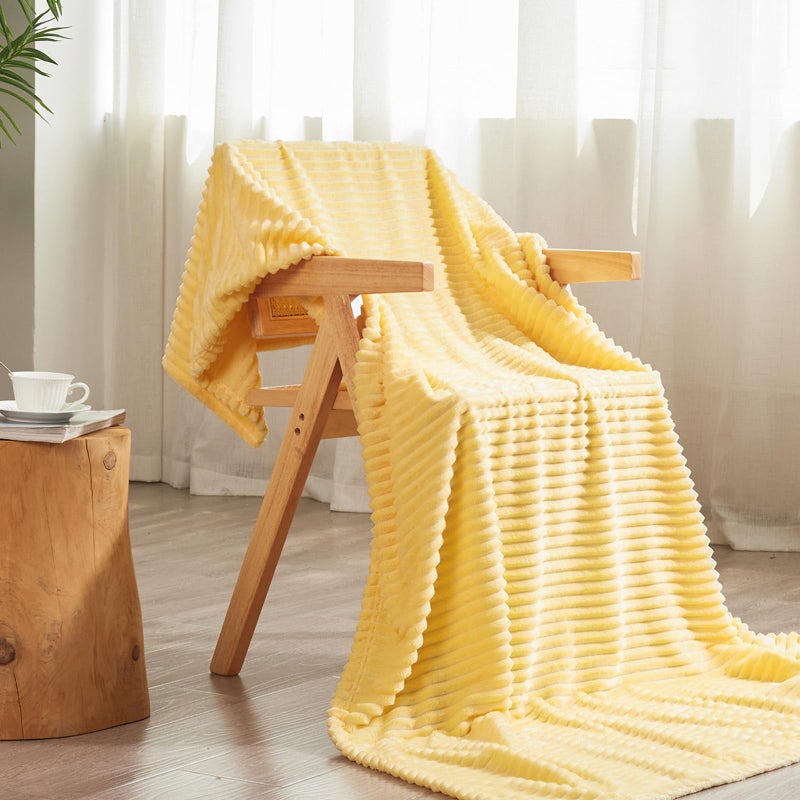 Vessia Flannel Fleece Throw Blanket  300GSM Cozy Light Yellow Striped Throw Blanket for Couch  Sofa and Bed  Warm and Soft Cozy Pale Yellow Microfiber Ribbed Blanket for All Season - Image 2