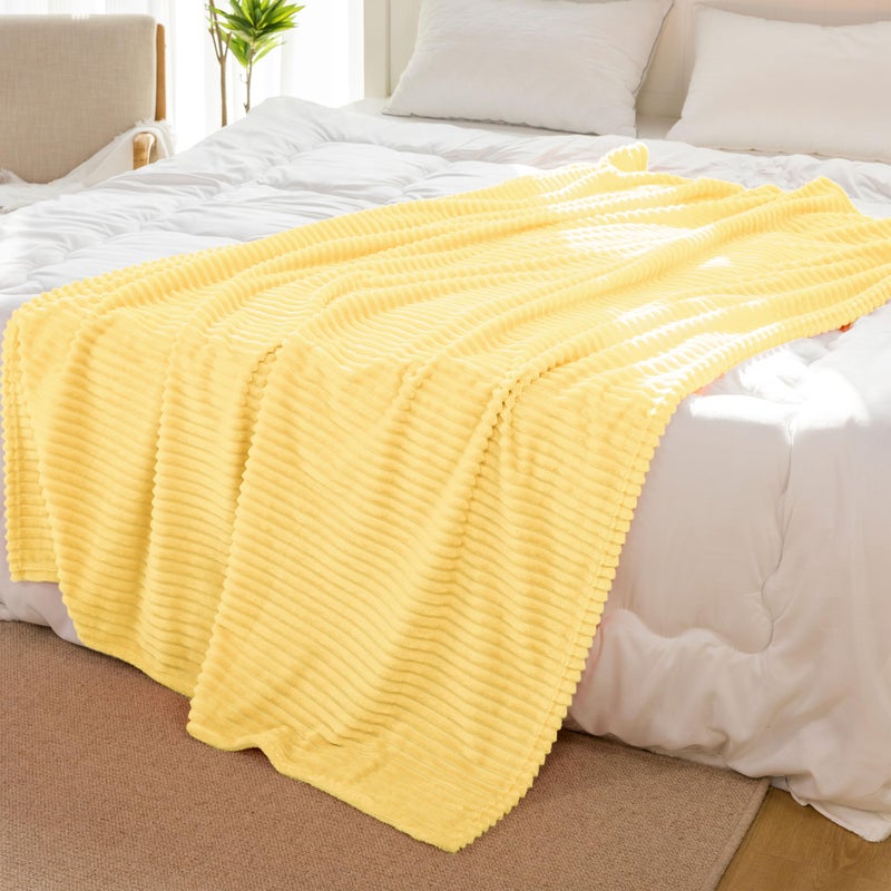 Vessia Flannel Fleece Throw Blanket  300GSM Cozy Light Yellow Striped Throw Blanket for Couch  Sofa and Bed  Warm and Soft Cozy Pale Yellow Microfiber Ribbed Blanket for All Season - Image 3