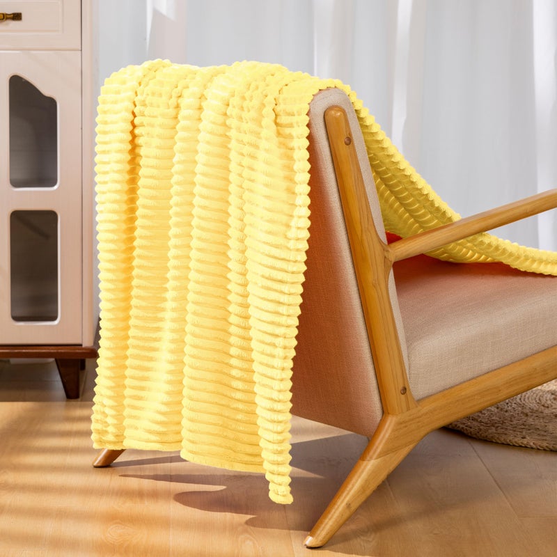 Vessia Flannel Fleece Throw Blanket  300GSM Cozy Light Yellow Striped Throw Blanket for Couch  Sofa and Bed  Warm and Soft Cozy Pale Yellow Microfiber Ribbed Blanket for All Season - Image 4