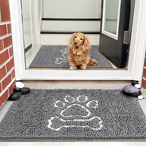 AROGAN Doormat Dog Chenille Doormats Indoor Entrance Grey Pet Indoor Door Mats Washable for Mud Entry Busy Area Dogs Muddy Pawprints 30x48 Inch