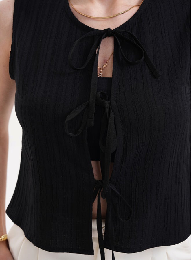 trendyol Black Tie Detail Crinkle Texture Slim Blouse Vest - Image 3