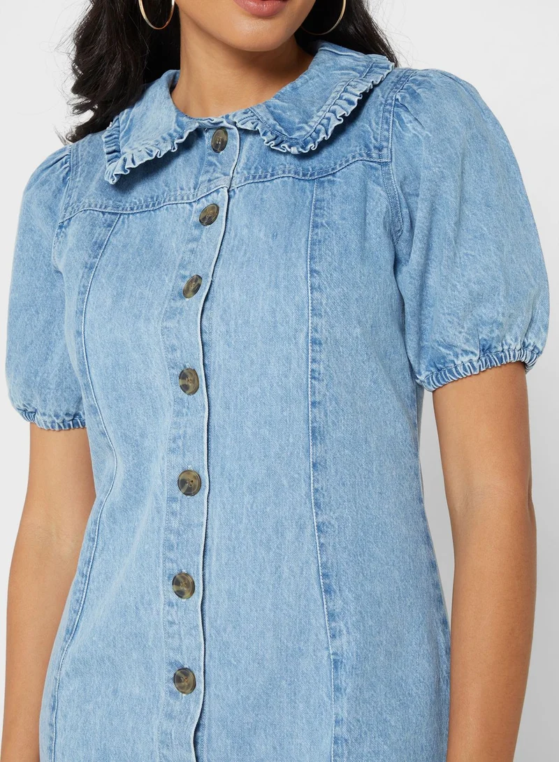 DOROTHY PERKINS Balloon Sleeve Button Detail Denim Dress