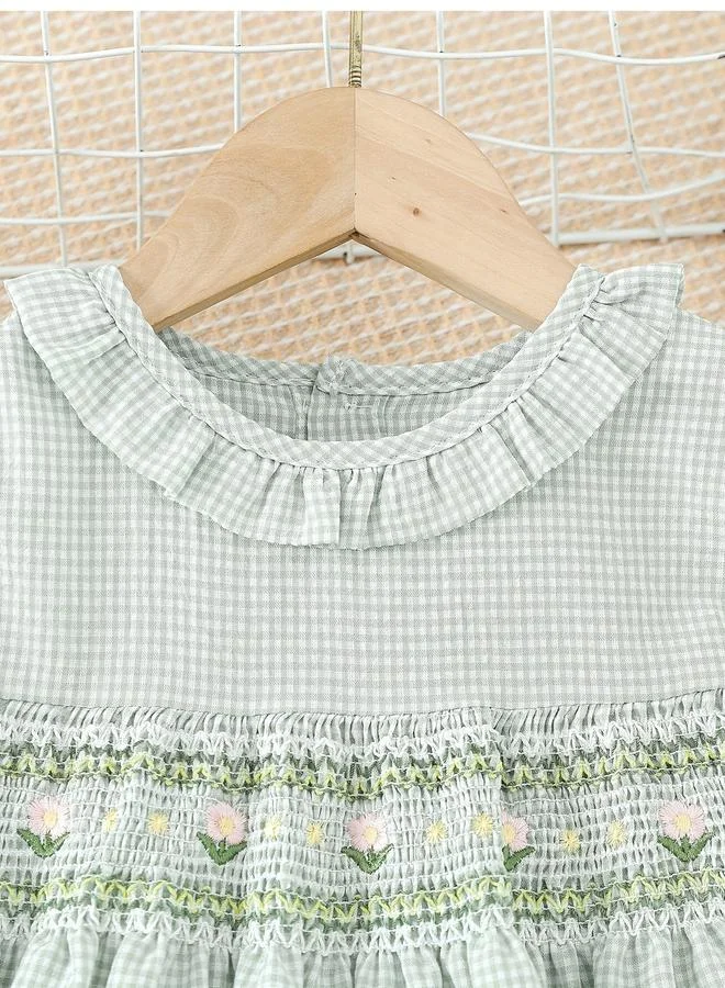 Take Two Take Two Girls Green Checked Smocked Detail Dress