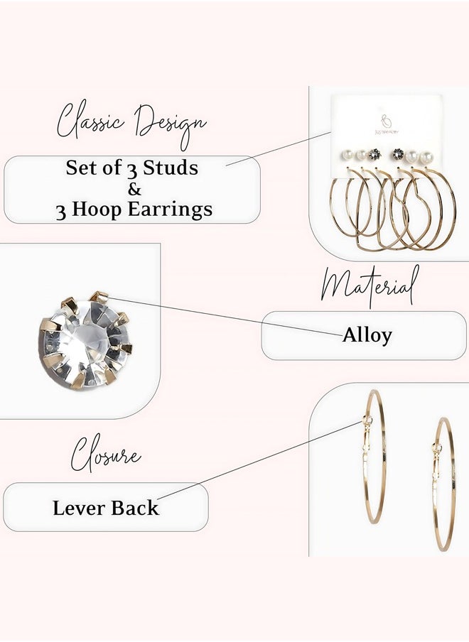 Just Peachy - Just Peachy Gold Toned Earrings for Women & Girls, Ear Bali With 3 Studs for Ladies, Latest Design, 2 Gold-Toned Heart Shaped & White Beads Earrings for Birthdays Gifts, Anniversaries Pack of 6 - Image 1