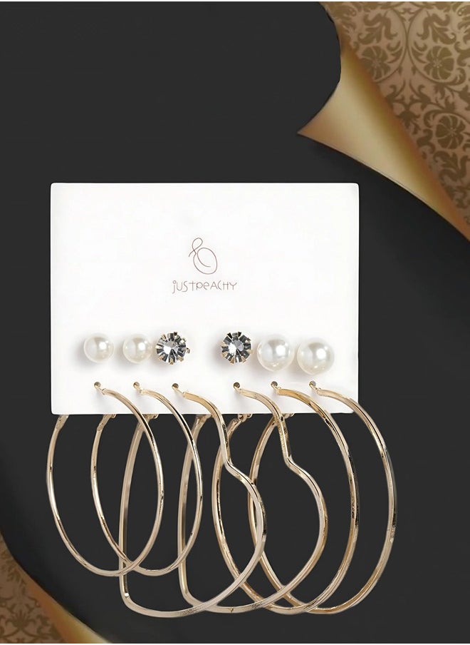 Just Peachy - Just Peachy Gold Toned Earrings for Women & Girls, Ear Bali With 3 Studs for Ladies, Latest Design, 2 Gold-Toned Heart Shaped & White Beads Earrings for Birthdays Gifts, Anniversaries Pack of 6 - Image 1