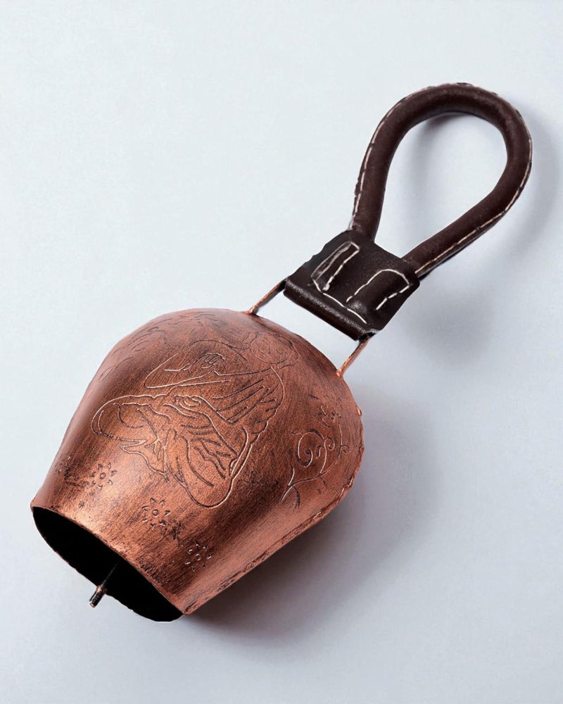 WARMINGO DE Buddha Cow Bell for Home Decoration & Decor | DDLJ Swiss Bell | Religious Spiritual Wall Decor | Copper Antique Metal Bell with Leather Strap| Diwali Gift Item - Image 3