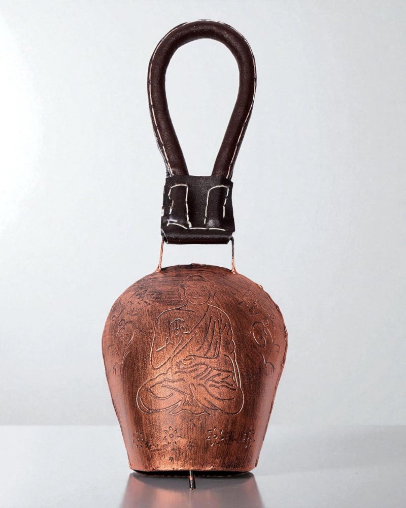 WARMINGO DE Buddha Cow Bell for Home Decoration & Decor | DDLJ Swiss Bell | Religious Spiritual Wall Decor | Copper Antique Metal Bell with Leather Strap| Diwali Gift Item - Image 5