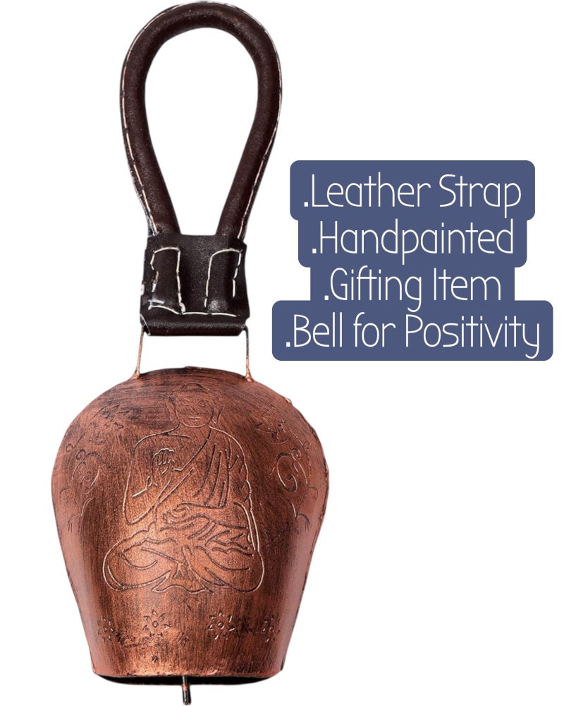 WARMINGO DE Buddha Cow Bell for Home Decoration & Decor | DDLJ Swiss Bell | Religious Spiritual Wall Decor | Copper Antique Metal Bell with Leather Strap| Diwali Gift Item - Image 4