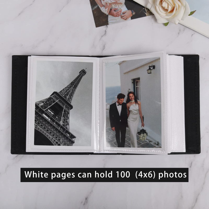 RECUTMS RECUTMS 100 Photo Album for 4x6 100 Small Photos Black Premium Leather Cover Inner White Page Vertical Photo Book for Family Wedding Graduation (Black) - Image 2