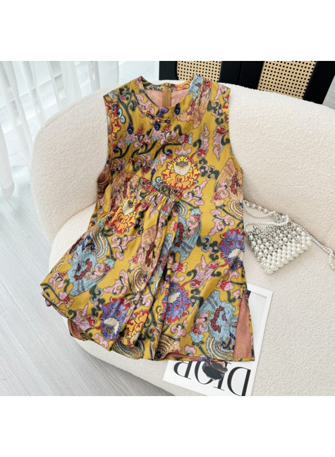 XINYANG New Chinese Style Women's Set 2025 Summer National Style Improved Print Sleeveless Cheongsam + Shorts - Image 2