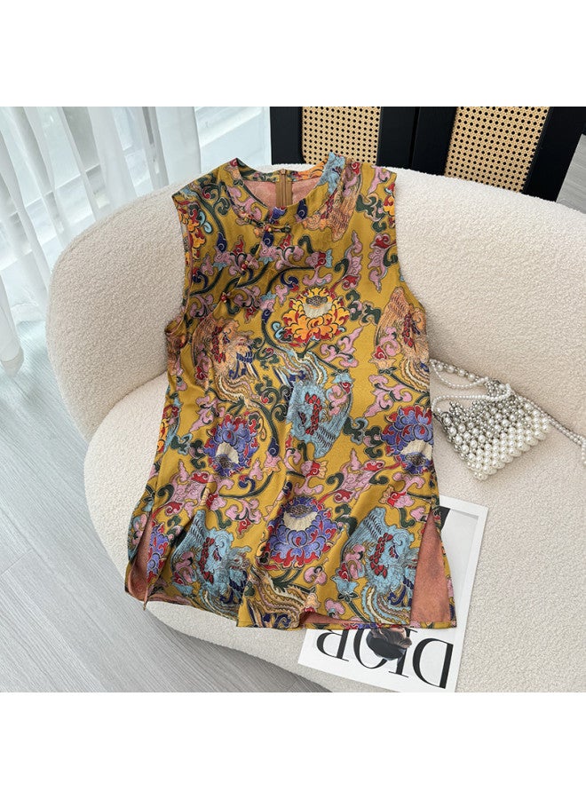 XINYANG New Chinese Style Women's Set 2025 Summer National Style Improved Print Sleeveless Cheongsam + Shorts - Image 3