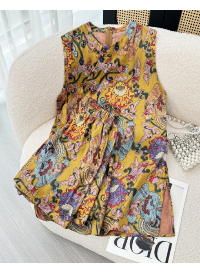 XINYANG New Chinese Style Women's Set 2025 Summer National Style Improved Print Sleeveless Cheongsam + Shorts - Image 1