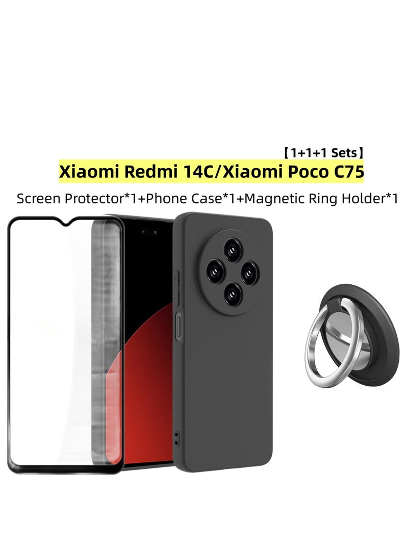 【1+1+1 Sets】for Xiaomi Redmi 14C/ Xiaomi Poco C75 Case & Screen Protector & Magnetic Ring Holder Frosted Pudding Material TPU Cover with Tempered Glass Screen Protector,Ring Holder Suitable for Car Magnetic Attraction - Image 1