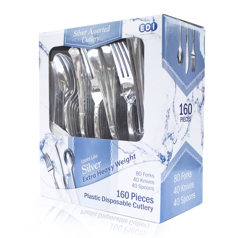 EDI 160 Piece Silver Disposable Plastic Cutlery Set Assorted  80 Forks 40 Knives 40 Spoons  Extra HeavyWeight