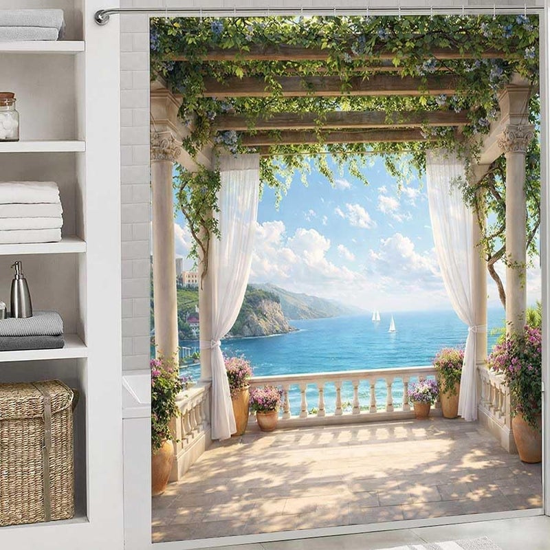 Pergola overlooks Serene sea with sailboatsShower Curtain for Bathroom Waterproof Tan Shower Curtain with Hooks 71 inch x 71 inch - Image 2