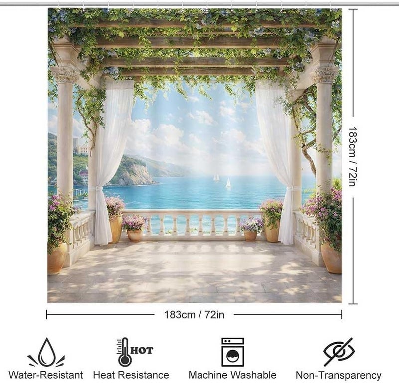 Pergola overlooks Serene sea with sailboatsShower Curtain for Bathroom Waterproof Tan Shower Curtain with Hooks 71 inch x 71 inch - Image 3