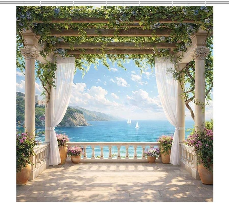 Pergola overlooks Serene sea with sailboatsShower Curtain for Bathroom Waterproof Tan Shower Curtain with Hooks 71 inch x 71 inch - Image 1
