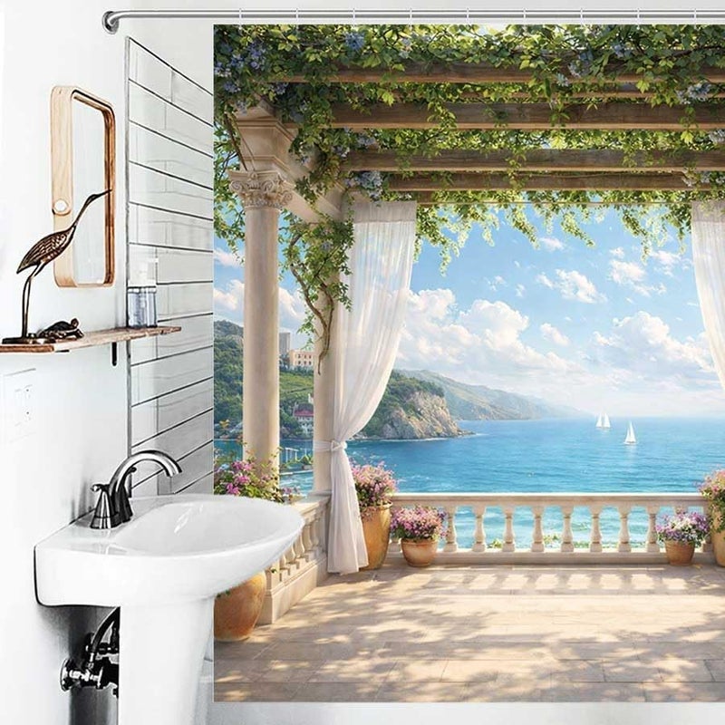 Pergola overlooks Serene sea with sailboatsShower Curtain for Bathroom Waterproof Tan Shower Curtain with Hooks 71 inch x 71 inch - Image 4