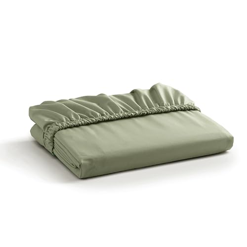 Linen Home 100% Cotton Percale Weave Fitted Sheet, Full Size, Sage, 1 Deep Pocket Fitted Sheet, Fits Mattress Upto 16" Crisp and Cool Strong Bed Linen, 54"X75"+15"