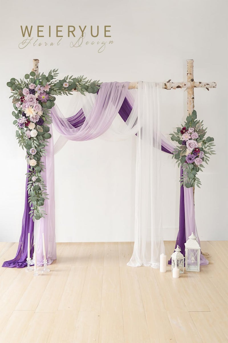 WEIERYUE Deluxe Purple Artificial Wedding Arch Flowers with Drapes Kit-Pack of 5, 2pcs Flower Arrangements 3pcs Hanging Sheer Drapes Blue Ceremony Arbor Reception Backdrop Rose Floral Decorations. - Image 2