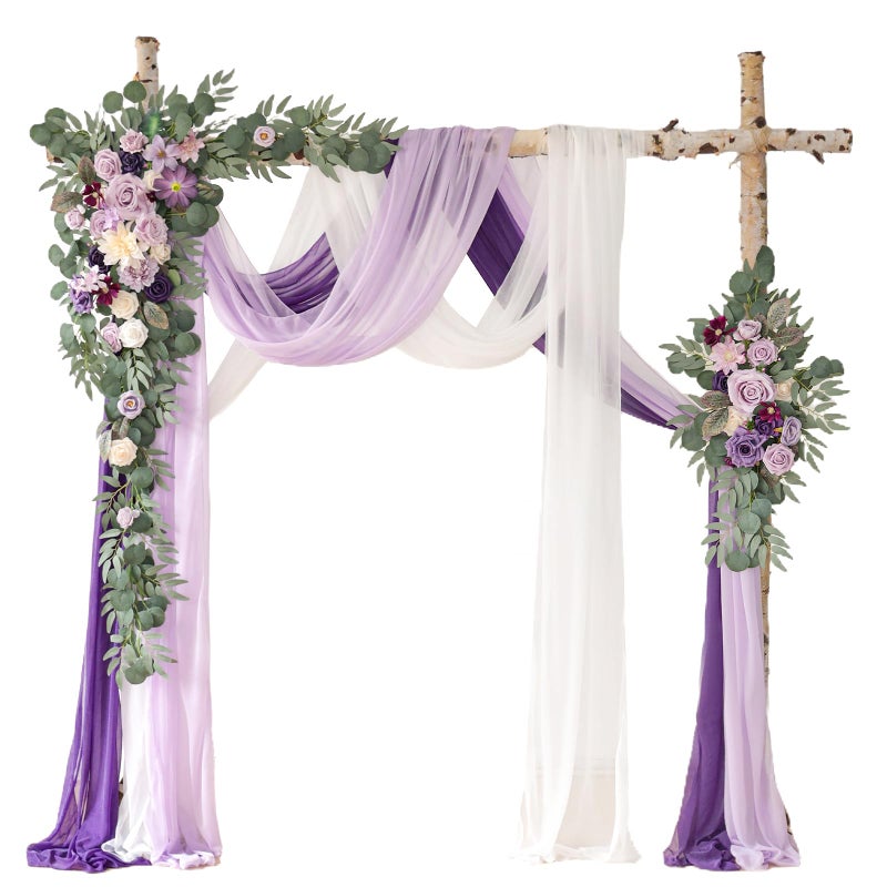 WEIERYUE Deluxe Purple Artificial Wedding Arch Flowers with Drapes Kit-Pack of 5, 2pcs Flower Arrangements 3pcs Hanging Sheer Drapes Blue Ceremony Arbor Reception Backdrop Rose Floral Decorations. - Image 1