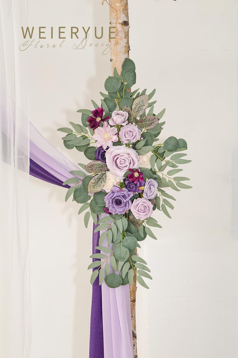 WEIERYUE Deluxe Purple Artificial Wedding Arch Flowers with Drapes Kit-Pack of 5, 2pcs Flower Arrangements 3pcs Hanging Sheer Drapes Blue Ceremony Arbor Reception Backdrop Rose Floral Decorations. - Image 4